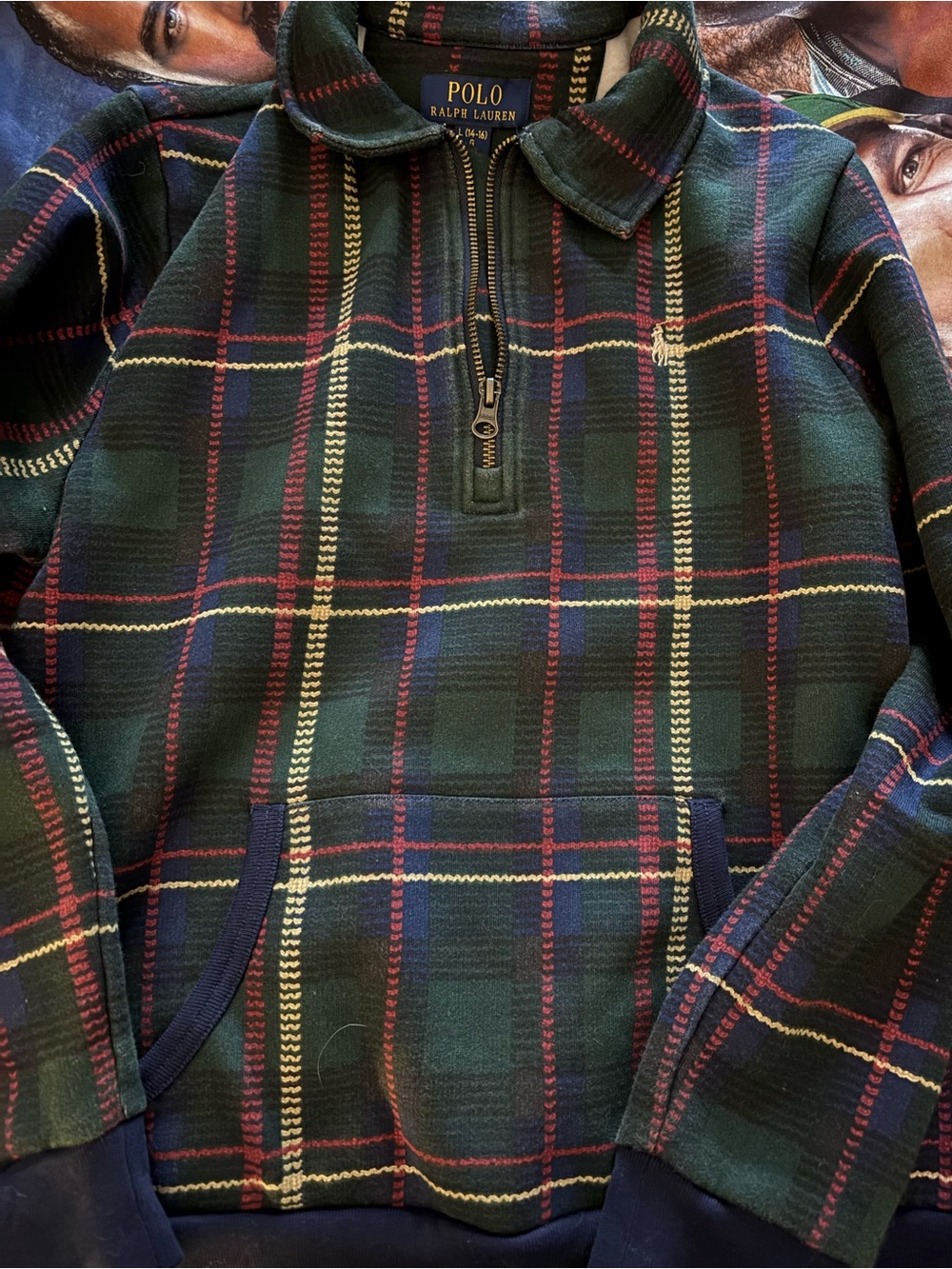 Polo by Ralph Lauren Dark Green Plaid Half-Zip Sweater with Red & Yellow Accents